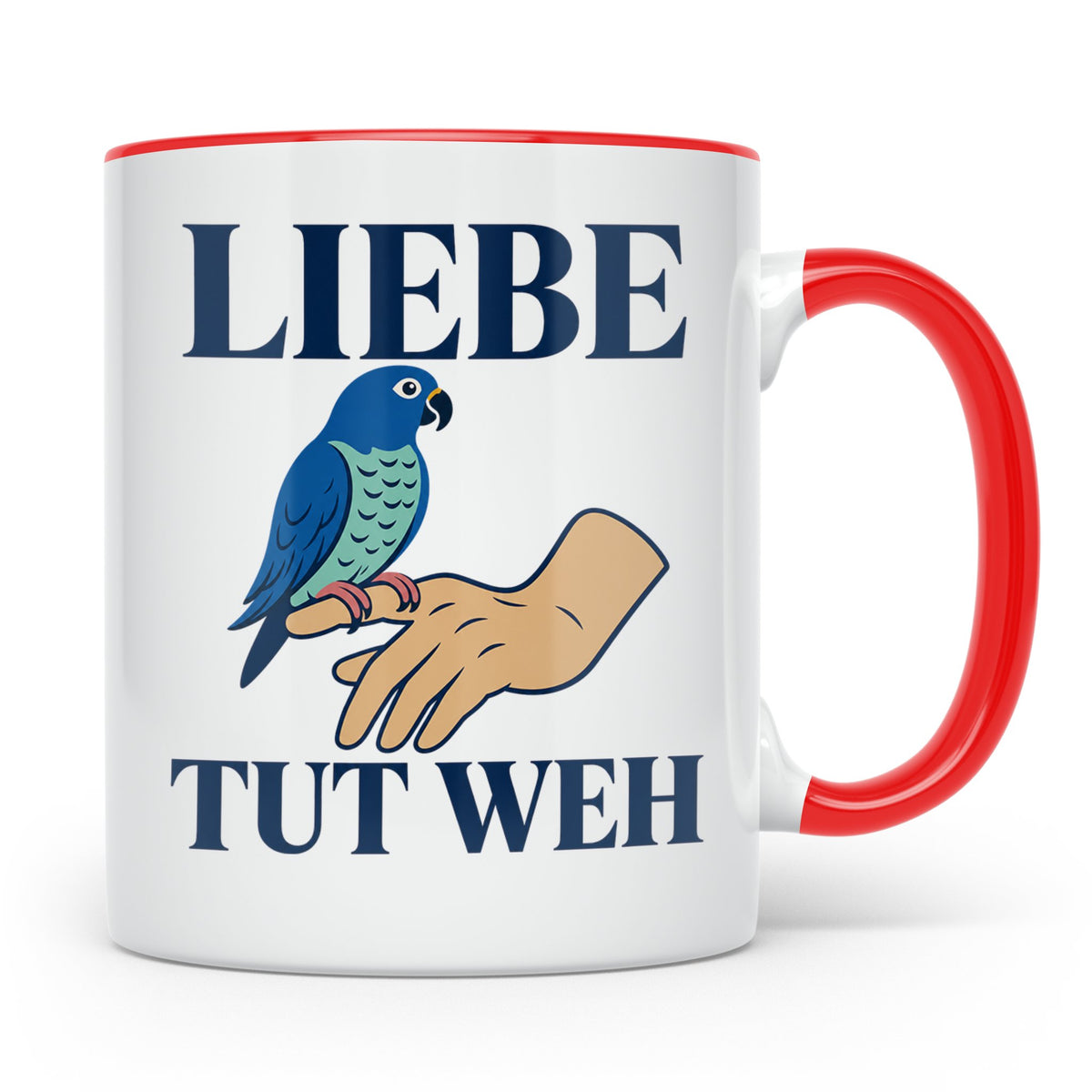 Liebe tut weh Tasse mit Papagei, lustiger Spruch für Vogelha – Rot [farbe:rot]