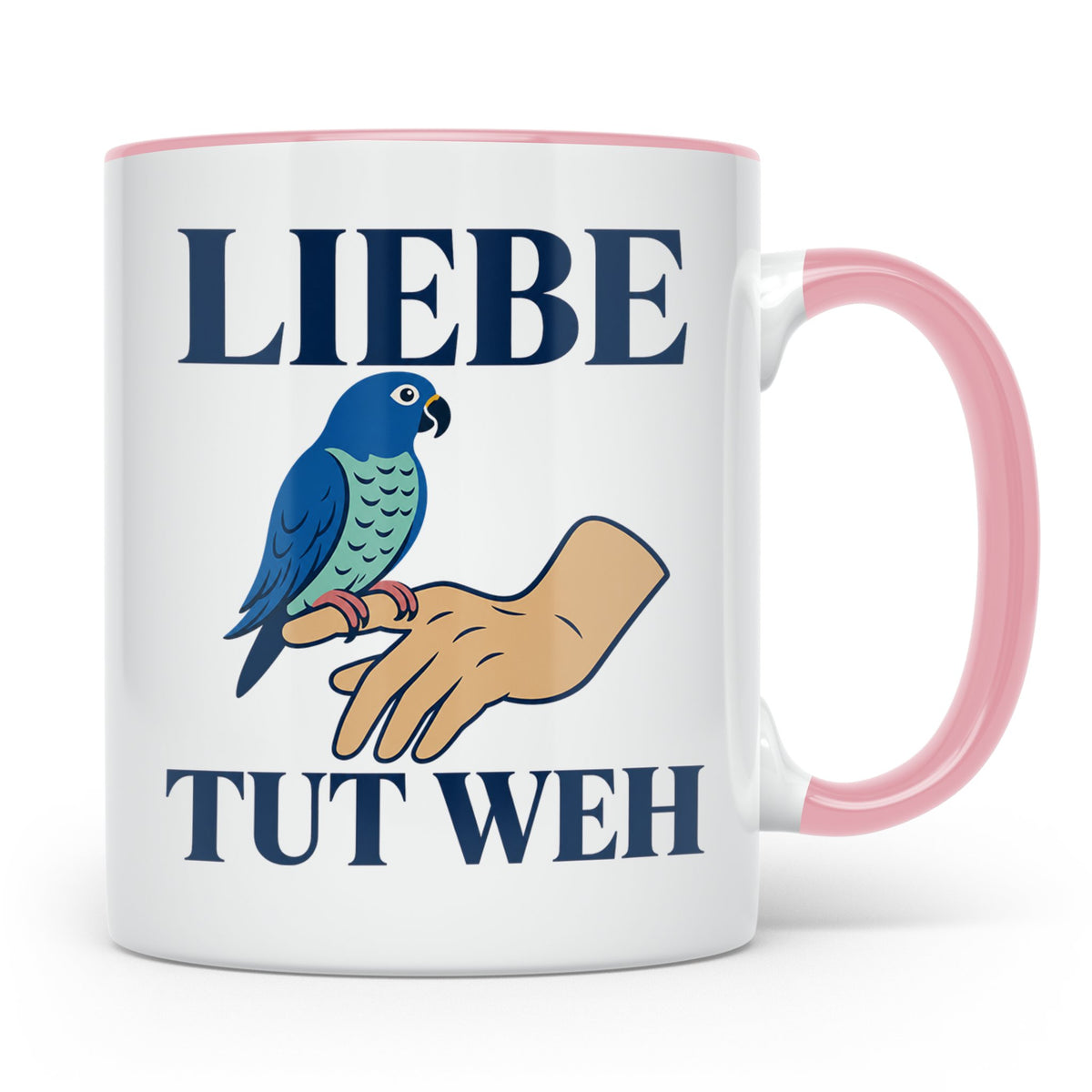 Liebe tut weh Tasse mit Papagei, lustiger Spruch für Vogelha – Rosa [farbe:rosa]