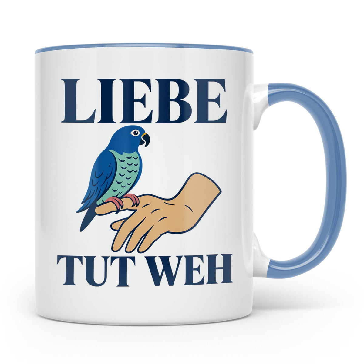 Liebe tut weh Tasse mit Papagei, lustiger Spruch für Vogelha – Blau [farbe:blau]