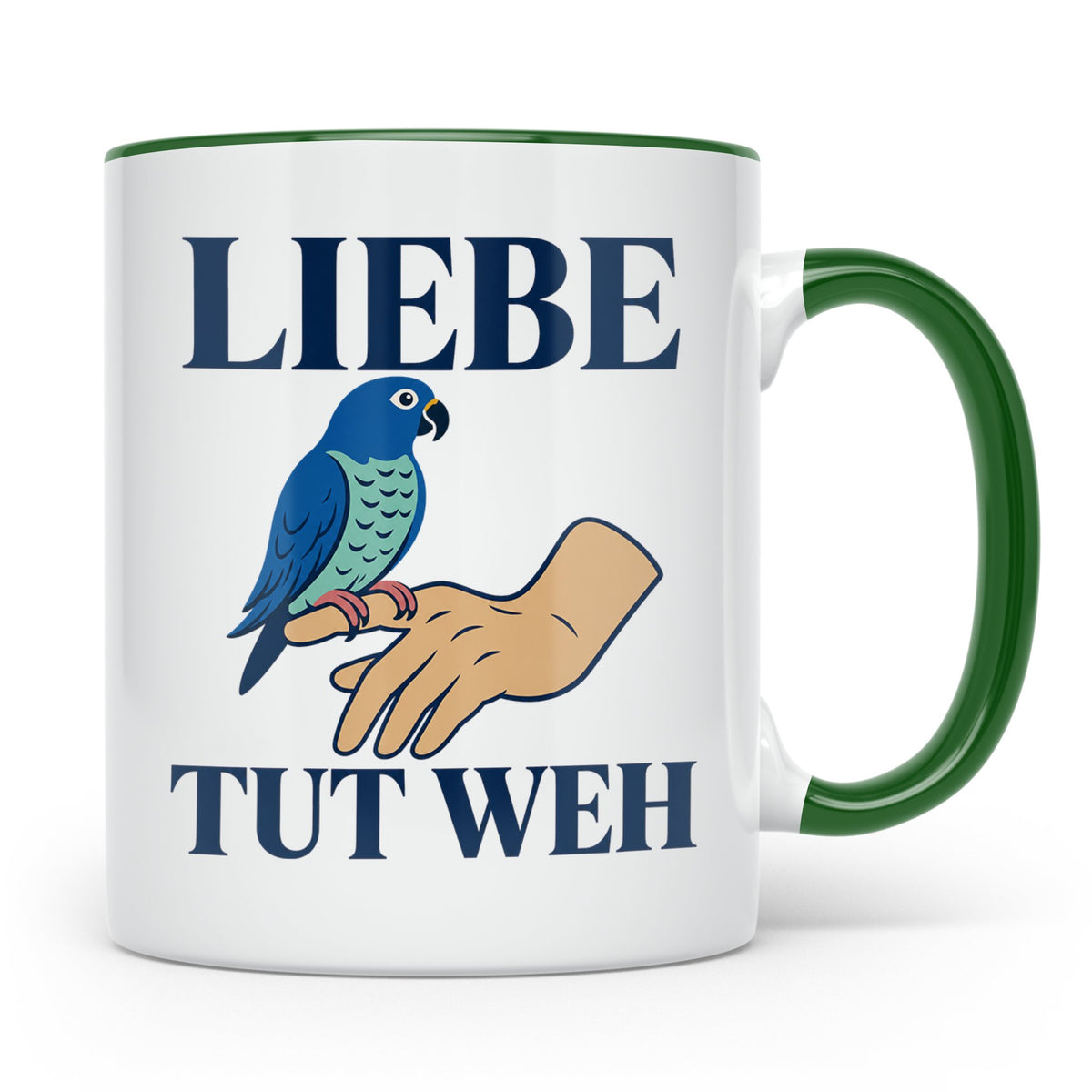 Liebe tut weh Tasse mit Papagei, lustiger Spruch für Vogelha – Grün [farbe:grün]