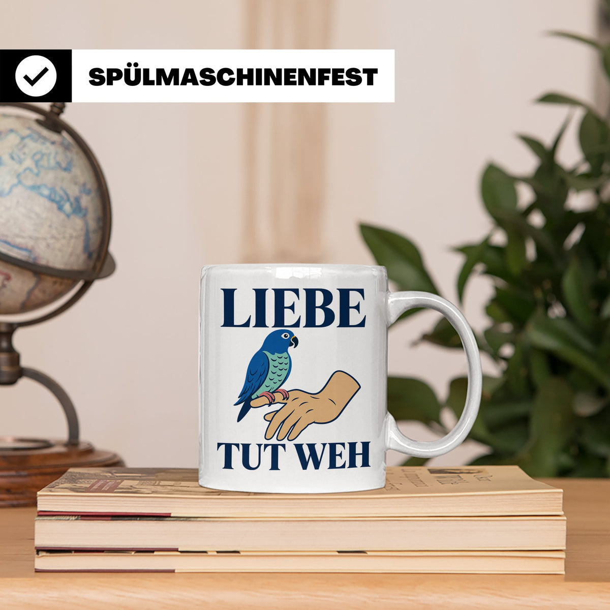 Liebe tut weh Tasse mit Papagei, lustiger Spruch für Vogelha – Weiß [farbe:weiß]