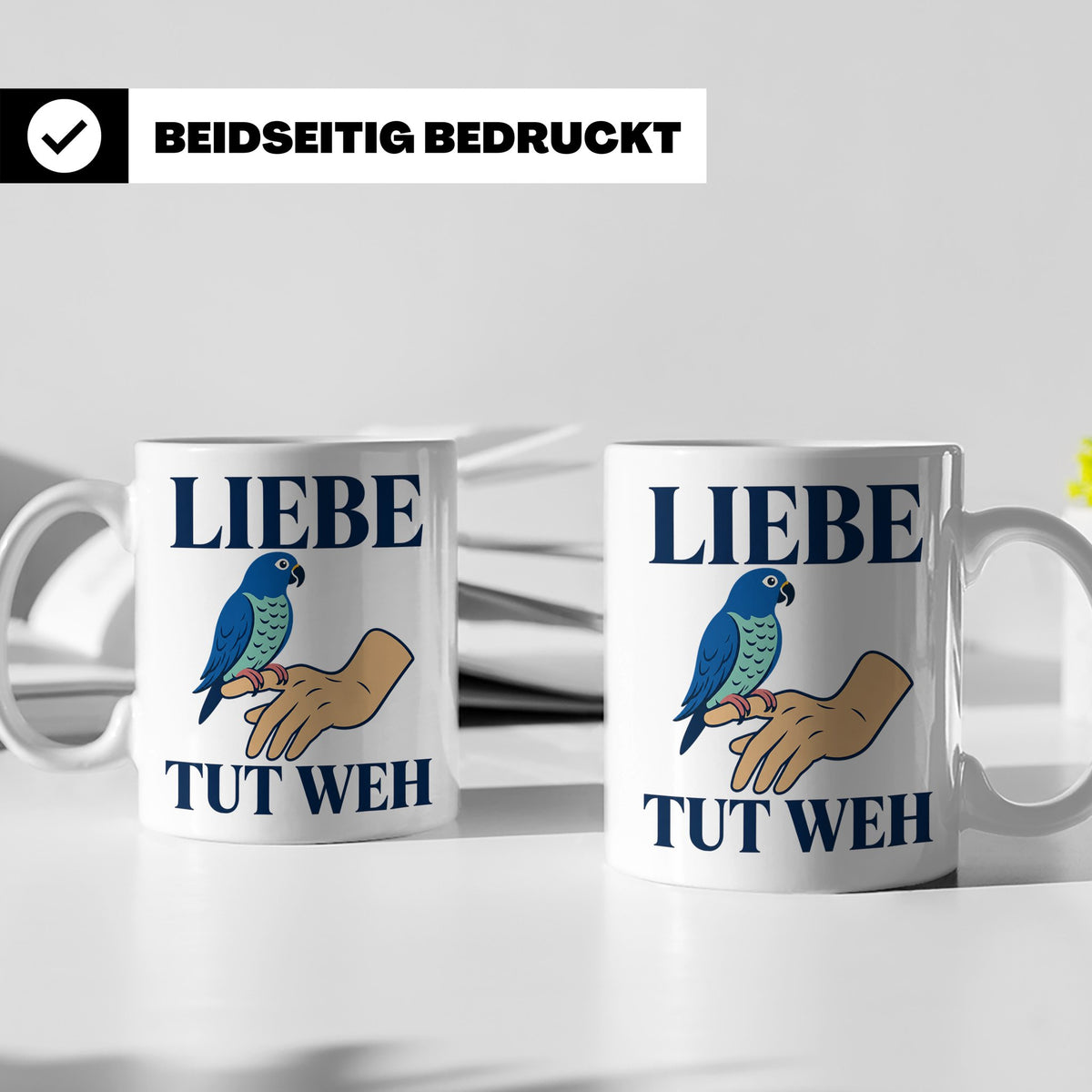Liebe tut weh Tasse mit Papagei, lustiger Spruch für Vogelha – Weiß [farbe:weiß]