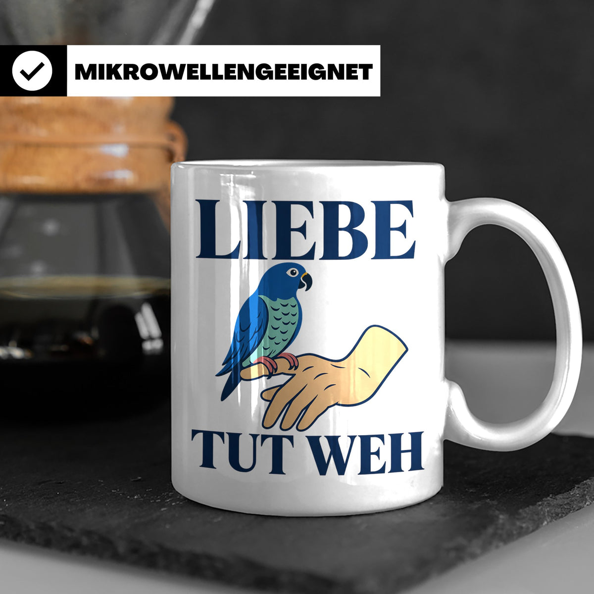 Liebe tut weh Tasse mit Papagei, lustiger Spruch für Vogelha – Weiß [farbe:weiß]