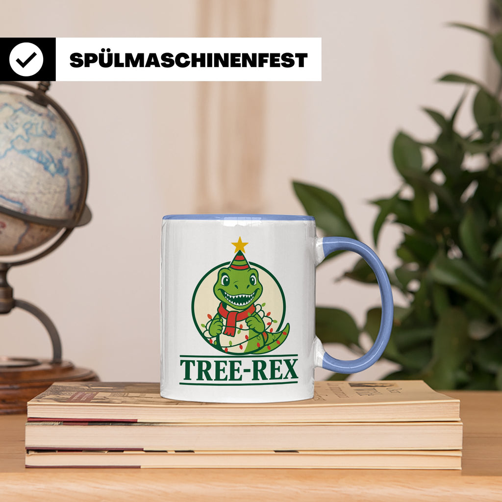 Tree-Rex Tasse lustig Dino Weihnachten, Dinosaurier mit Lich – Blau [farbe:blau]
