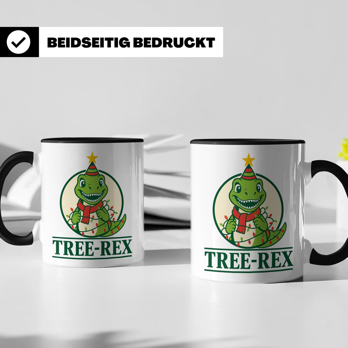 Tree-Rex Tasse lustig Dino Weihnachten, Dinosaurier mit Lich – Schwarz [farbe:schwarz]