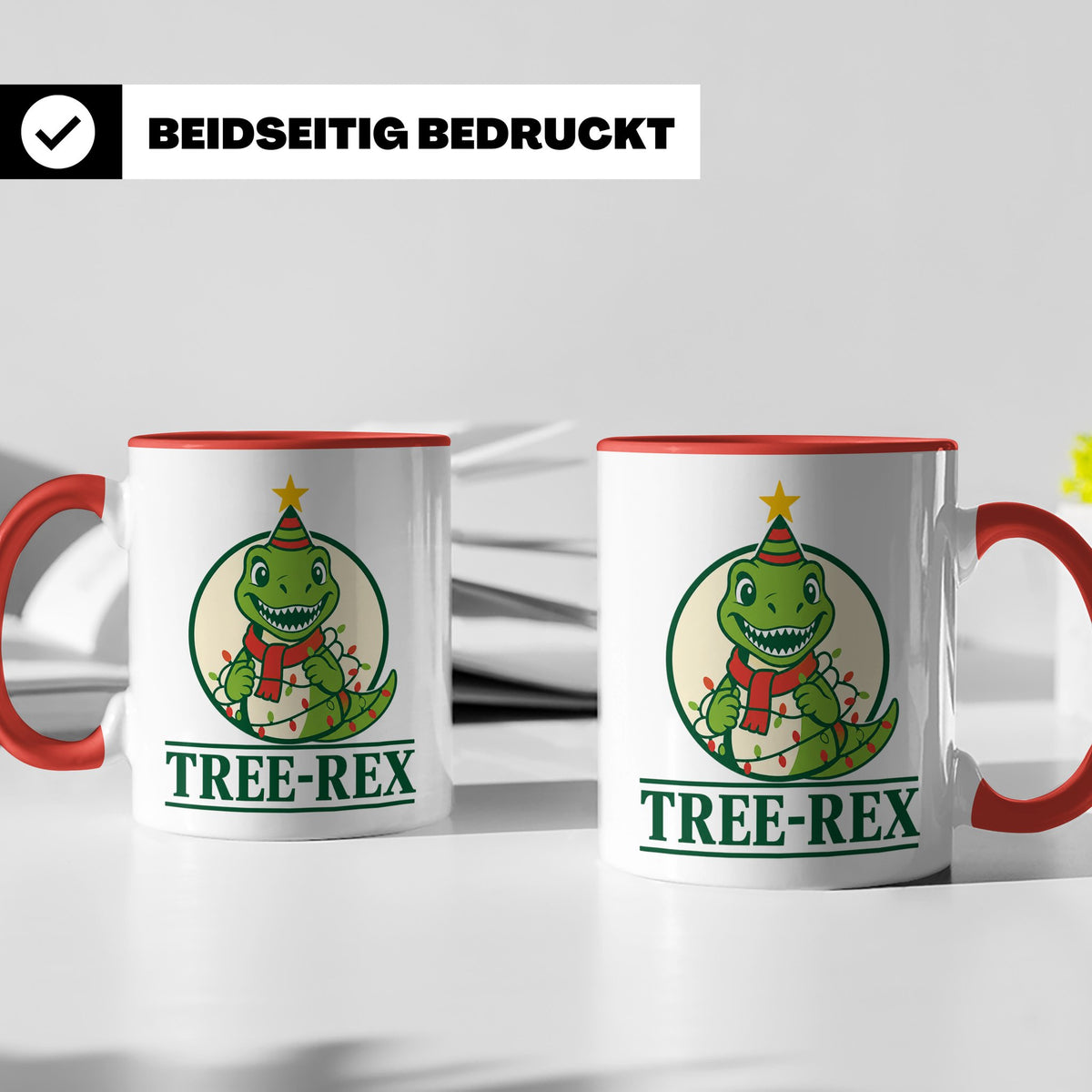 Tree-Rex Tasse lustig Dino Weihnachten, Dinosaurier mit Lich – Rot [farbe:rot]