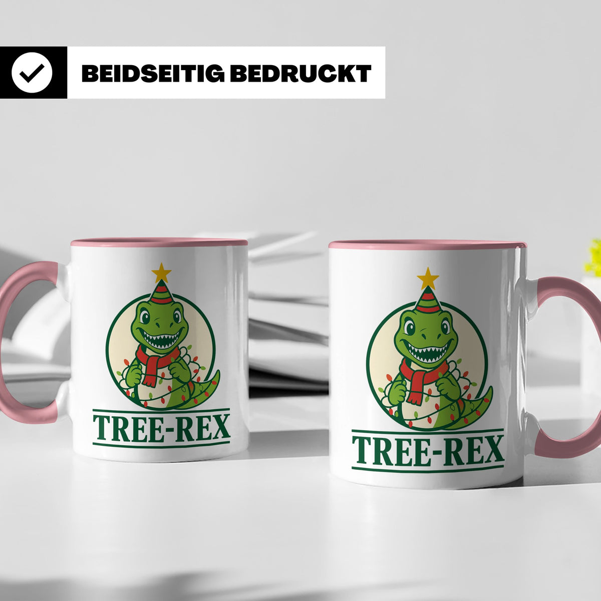 Tree-Rex Tasse lustig Dino Weihnachten, Dinosaurier mit Lich – Rosa [farbe:rosa]