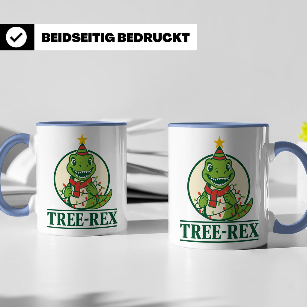 Tree-Rex Tasse lustig Dino Weihnachten, Dinosaurier mit Lich – Blau [farbe:blau]