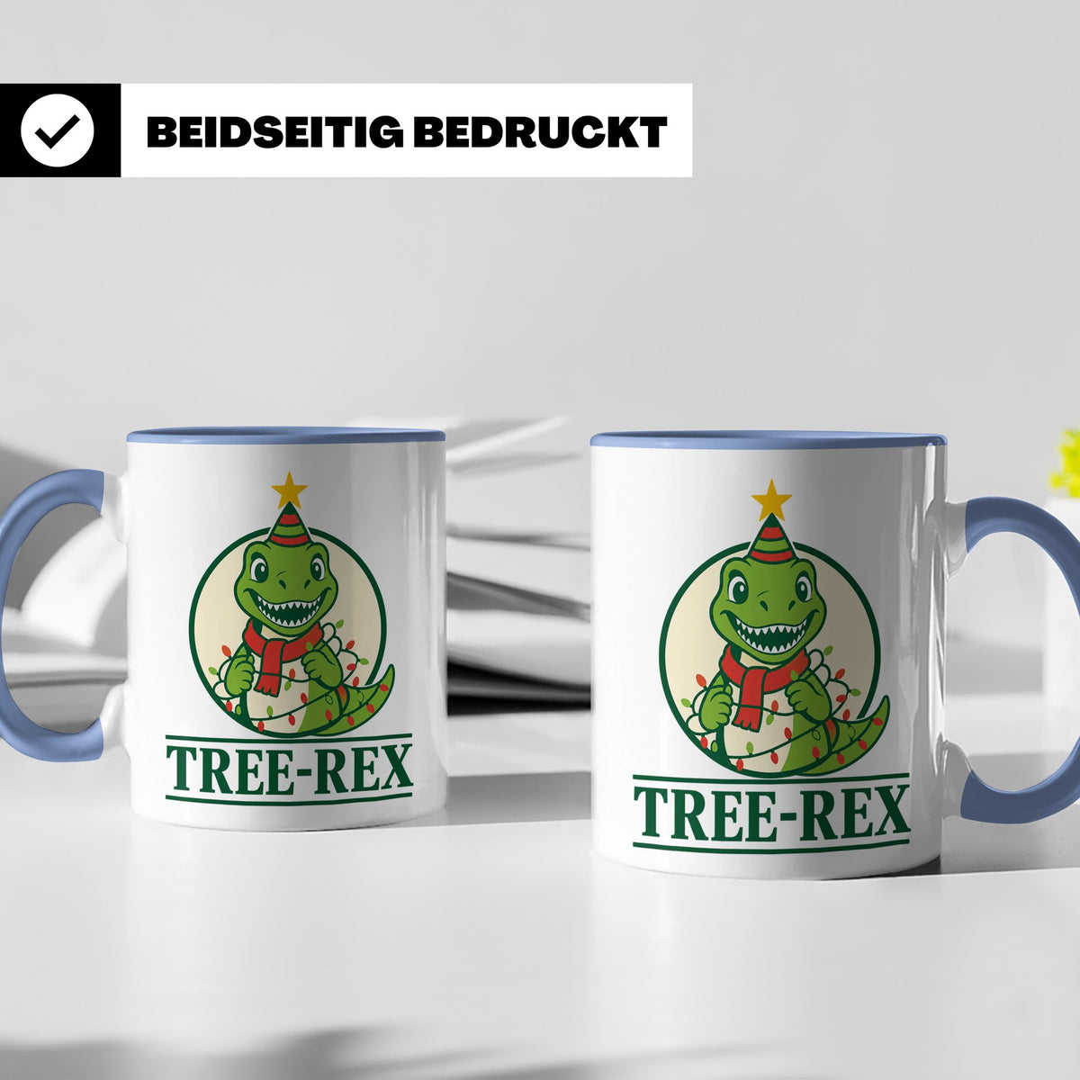 Tree-Rex Tasse lustig Dino Weihnachten, Dinosaurier mit Lich – Blau [farbe:blau]