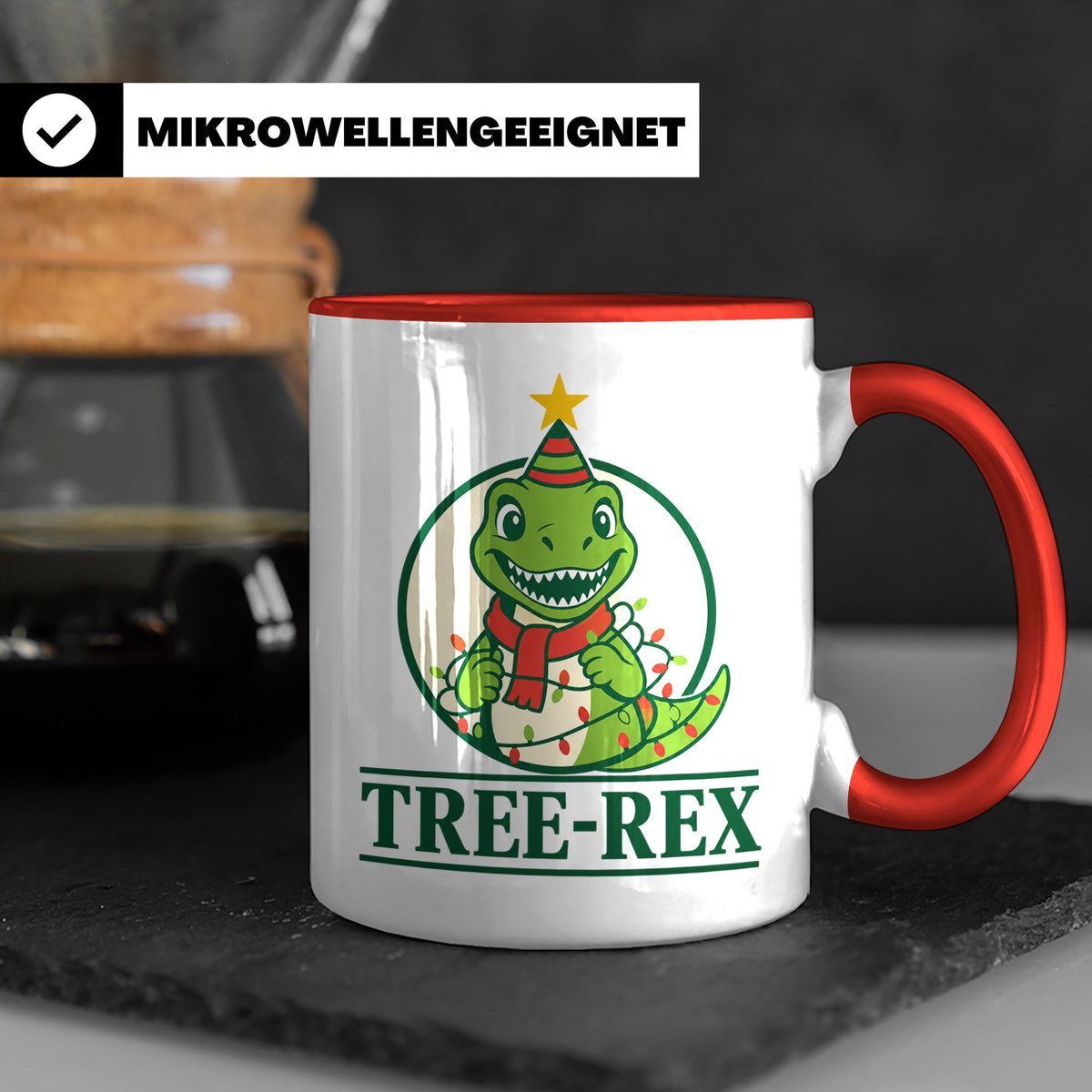 Tree-Rex Tasse lustig Dino Weihnachten, Dinosaurier mit Lich – Rot [farbe:rot]