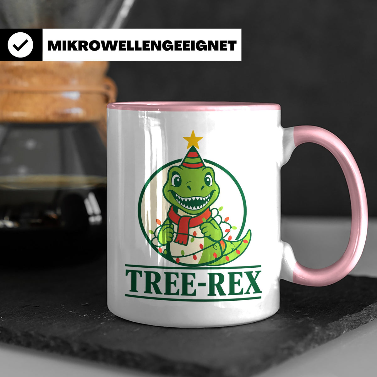 Tree-Rex Tasse lustig Dino Weihnachten, Dinosaurier mit Lich – Rosa [farbe:rosa]