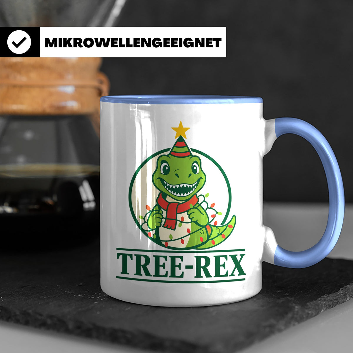 Tree-Rex Tasse lustig Dino Weihnachten, Dinosaurier mit Lich – Blau [farbe:blau]