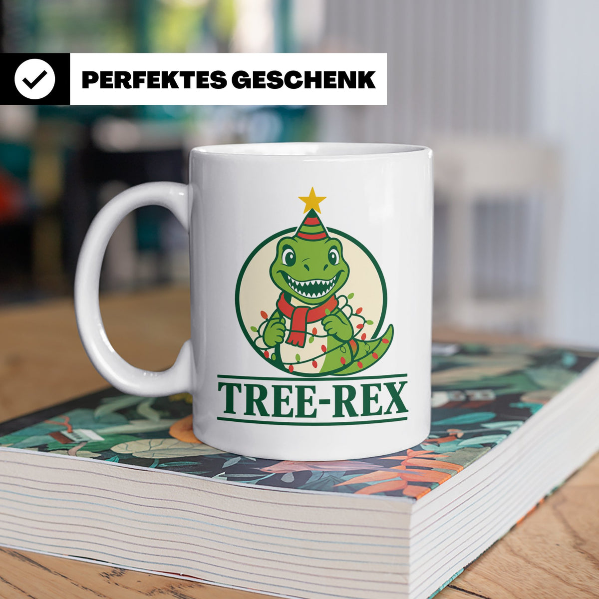 Tree-Rex Tasse lustig Dino Weihnachten, Dinosaurier mit Lich – Weiß [farbe:weiß]