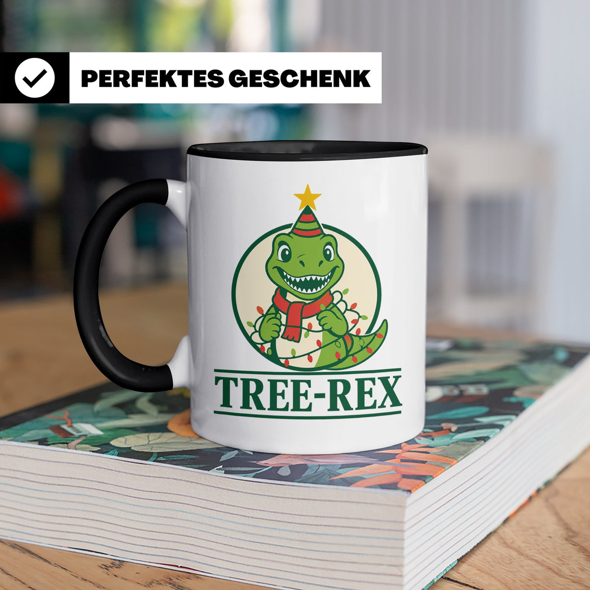 Tree-Rex Tasse lustig Dino Weihnachten, Dinosaurier mit Lich – Schwarz [farbe:schwarz]