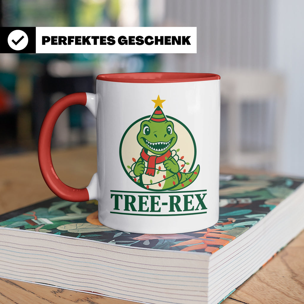 Tree-Rex Tasse lustig Dino Weihnachten, Dinosaurier mit Lich – Rot [farbe:rot]