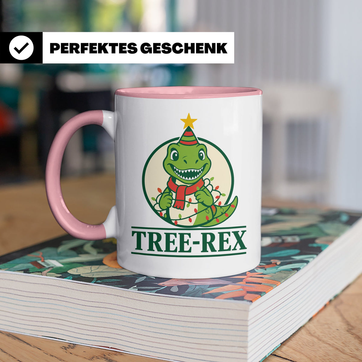 Tree-Rex Tasse lustig Dino Weihnachten, Dinosaurier mit Lich – Rosa [farbe:rosa]