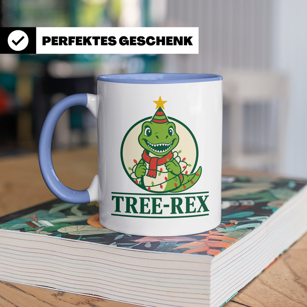 Tree-Rex Tasse lustig Dino Weihnachten, Dinosaurier mit Lich – Blau [farbe:blau]