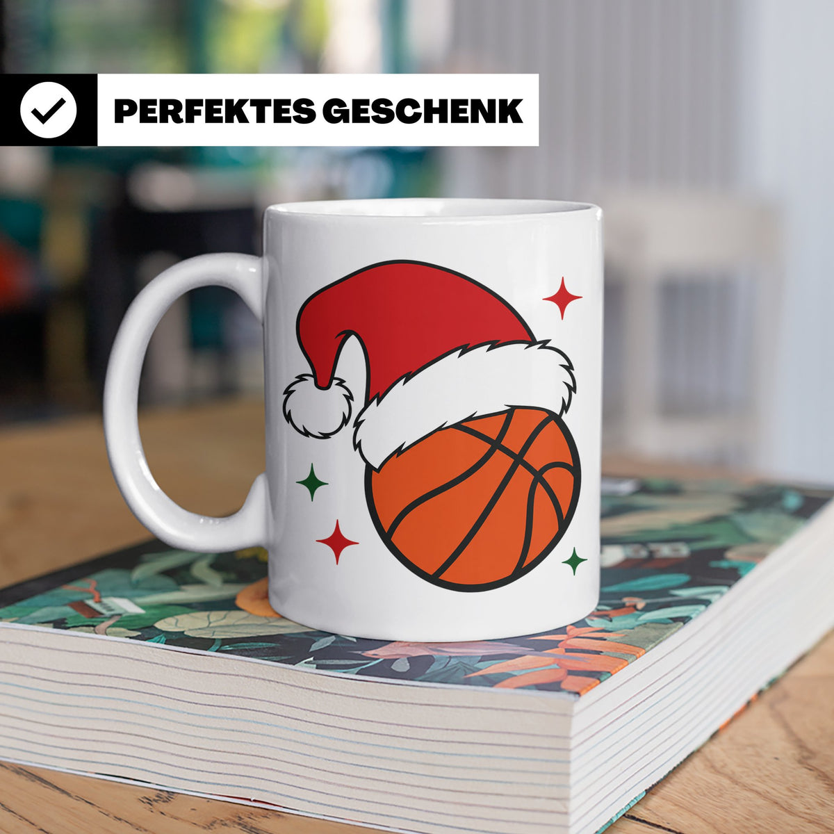 Basketball Weihnachts Tasse mit Weihnachtsmütze, lustiges Ge – Weiß [farbe:weiß]