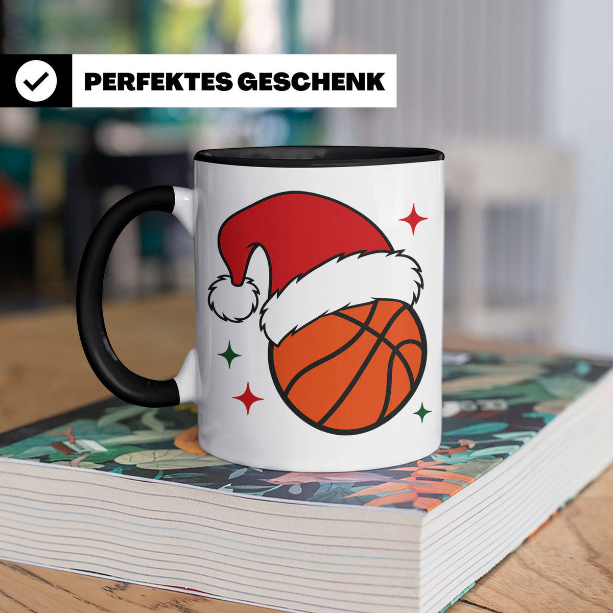 Basketball Weihnachts Tasse mit Weihnachtsmütze, lustiges Ge – Schwarz [farbe:schwarz]