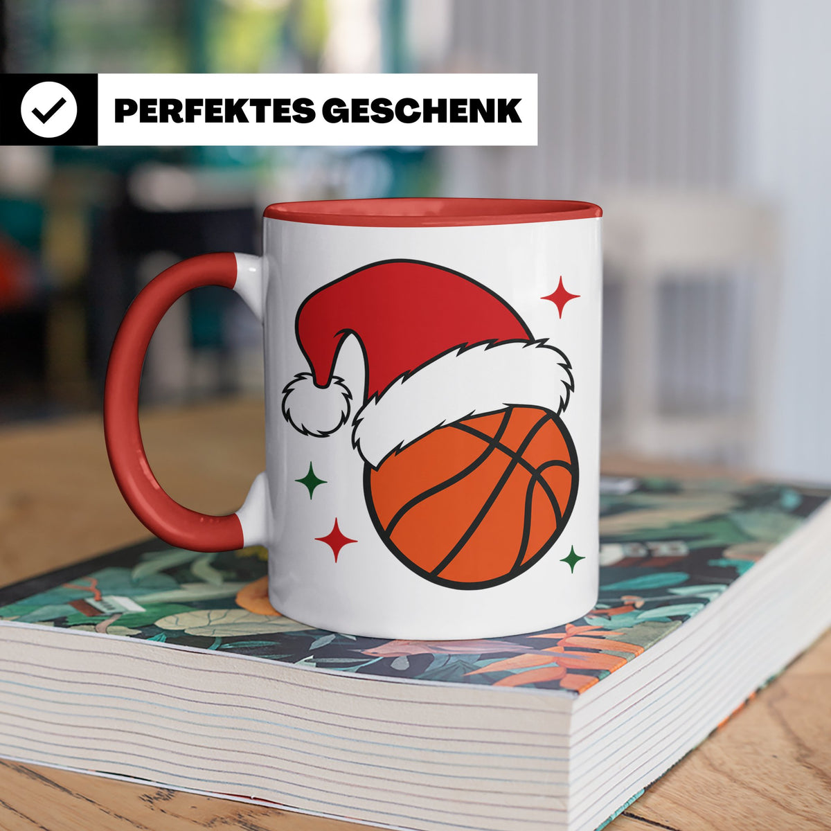 Basketball Weihnachts Tasse mit Weihnachtsmütze, lustiges Ge – Rot [farbe:rot]