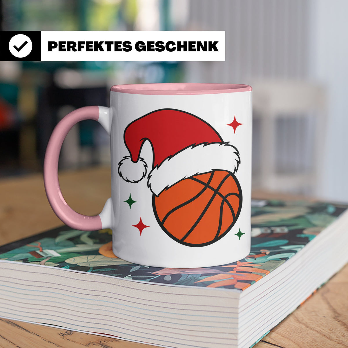 Basketball Weihnachts Tasse mit Weihnachtsmütze, lustiges Ge – Rosa [farbe:rosa]
