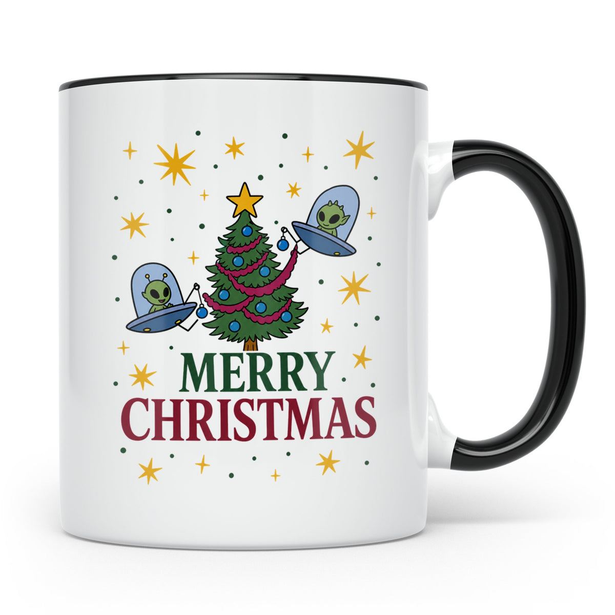 Alien Weihnachts Tasse mit UFOs schmücken Christbaum Lustige – Schwarz [farbe:schwarz]