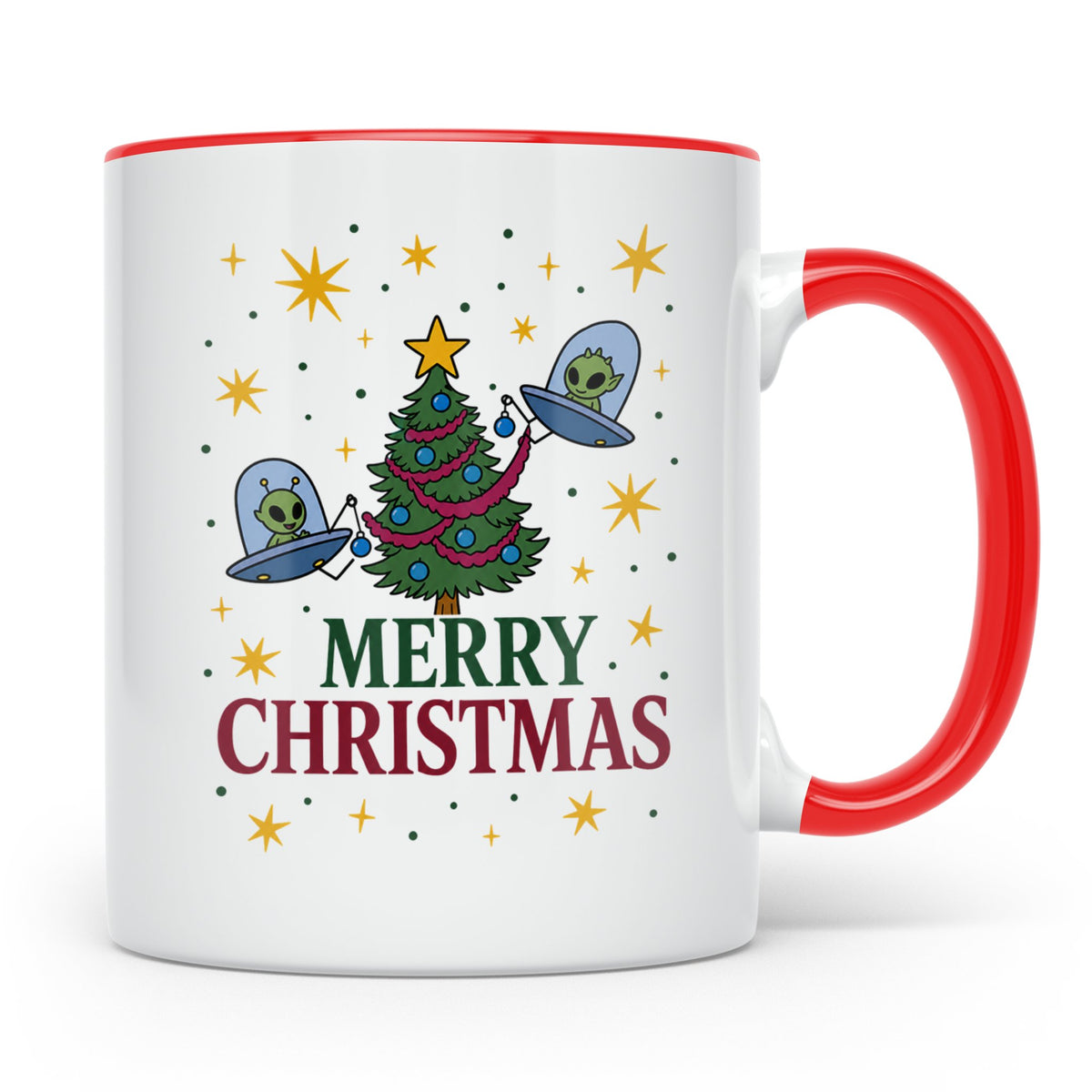 Alien Weihnachts Tasse mit UFOs schmücken Christbaum Lustige – Rot [farbe:rot]