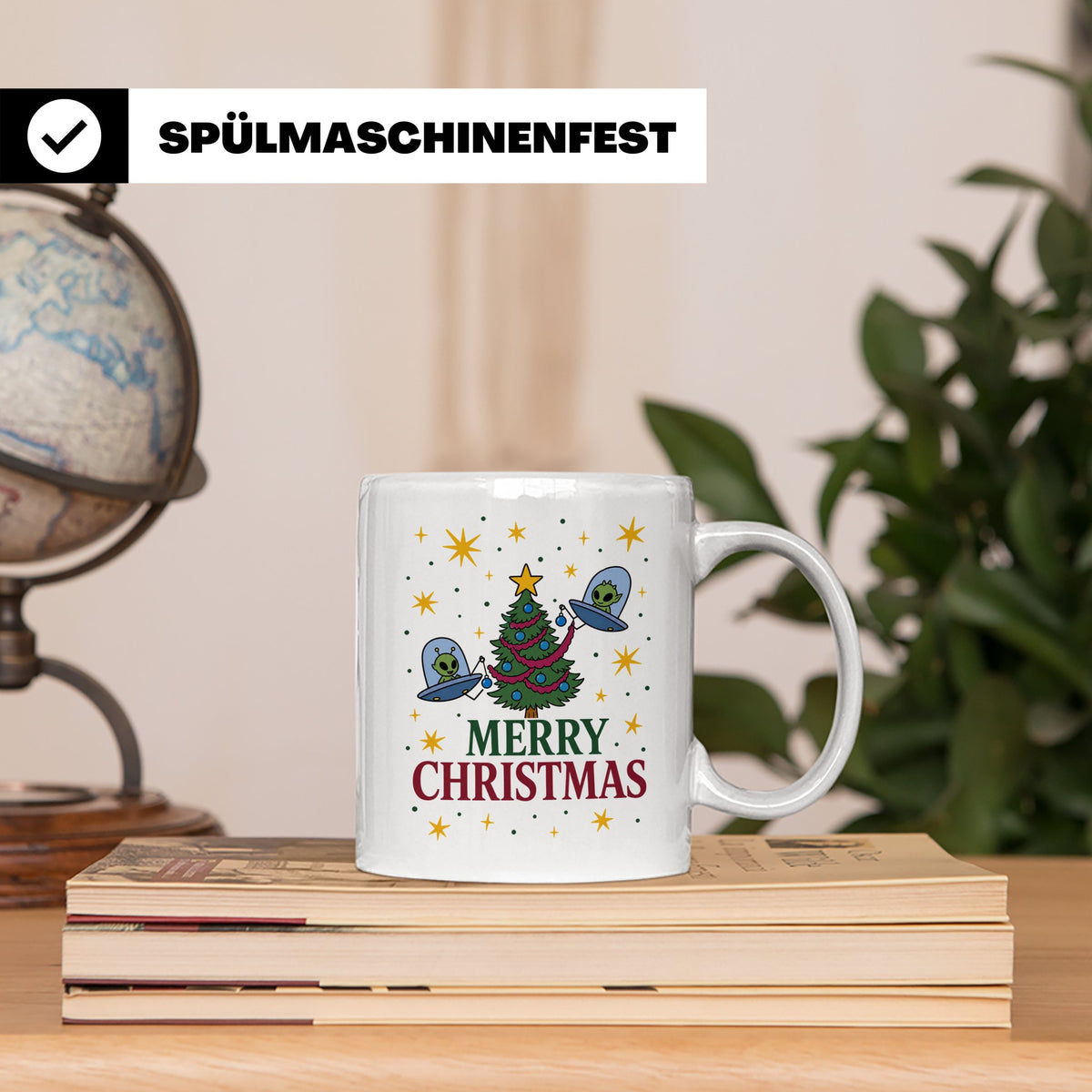 Alien Weihnachts Tasse mit UFOs schmücken Christbaum Lustige – Weiß [farbe:weiß]