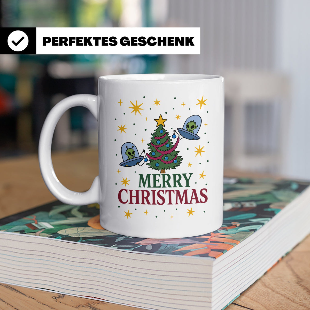 Alien Weihnachts Tasse mit UFOs schmücken Christbaum Lustige – Weiß [farbe:weiß]