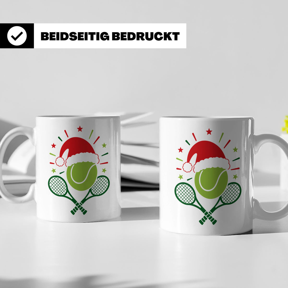 Tennis Tasse Weihnachten mit Nikolausmütze, Geschenk für Ten – Weiß [farbe:weiß]