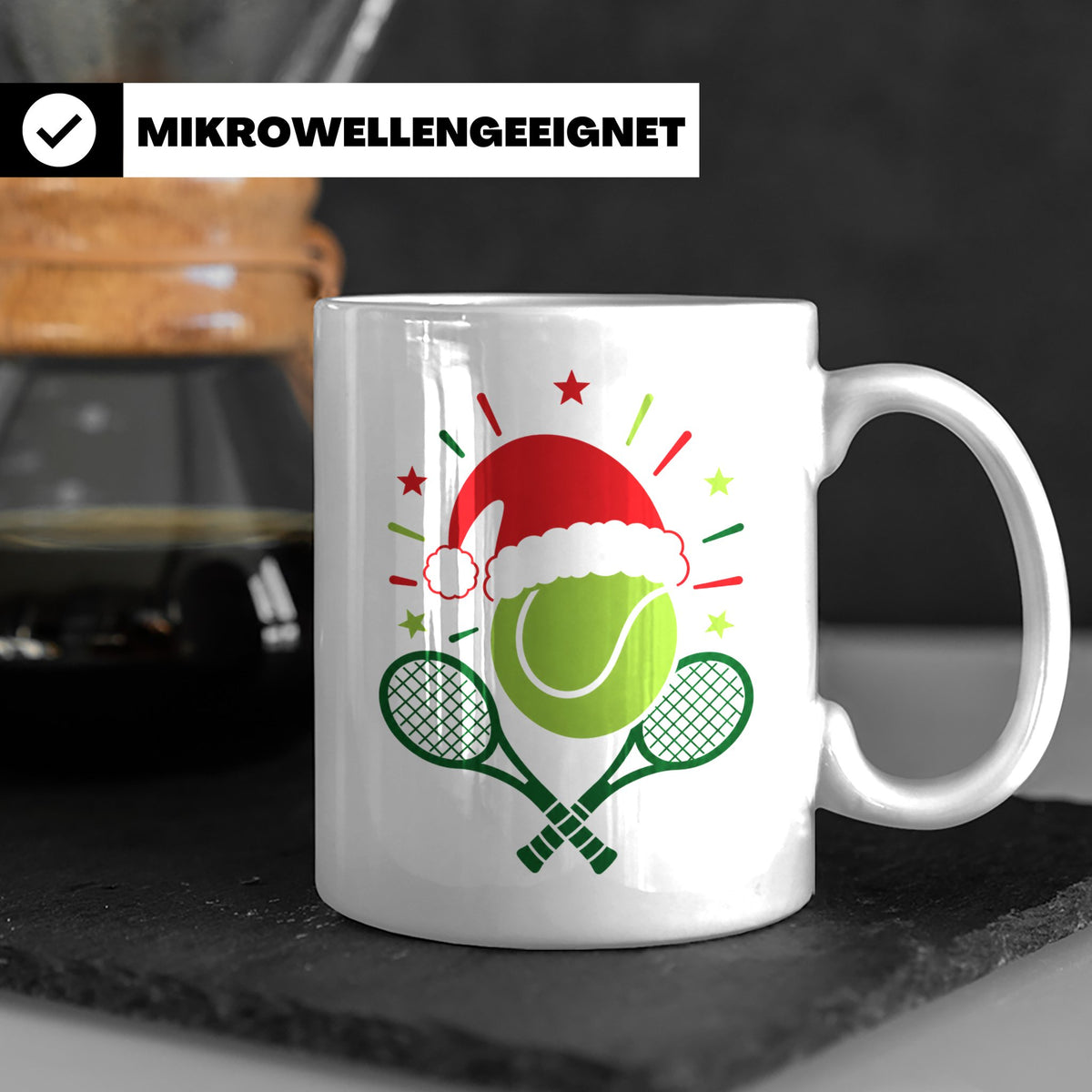 Tennis Tasse Weihnachten mit Nikolausmütze, Geschenk für Ten – Weiß [farbe:weiß]