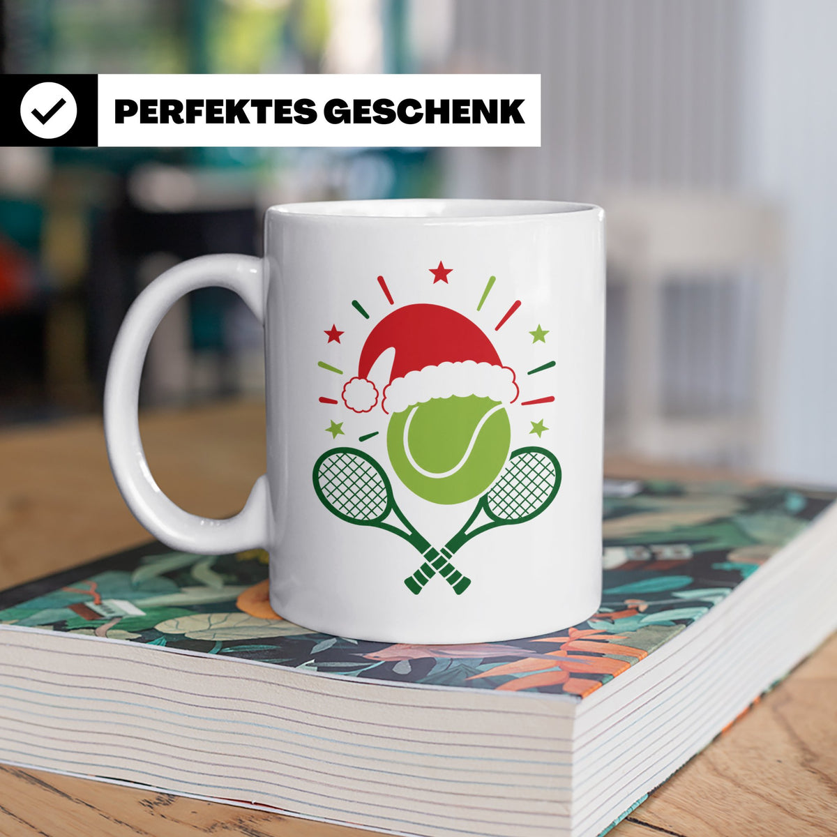 Tennis Tasse Weihnachten mit Nikolausmütze, Geschenk für Ten – Weiß [farbe:weiß]