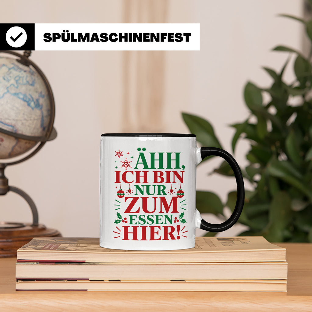 Weihnachtstasse mit Spruch 'Ähh ich bin nur zum Essen hier'  – Schwarz [farbe:schwarz]