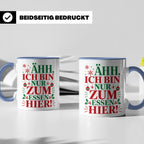 Weihnachtstasse mit Spruch 'Ähh ich bin nur zum Essen hier'  – Blau [farbe:blau]