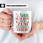 Weihnachtstasse mit Spruch 'Ähh ich bin nur zum Essen hier'  – Weiß [farbe:weiß]