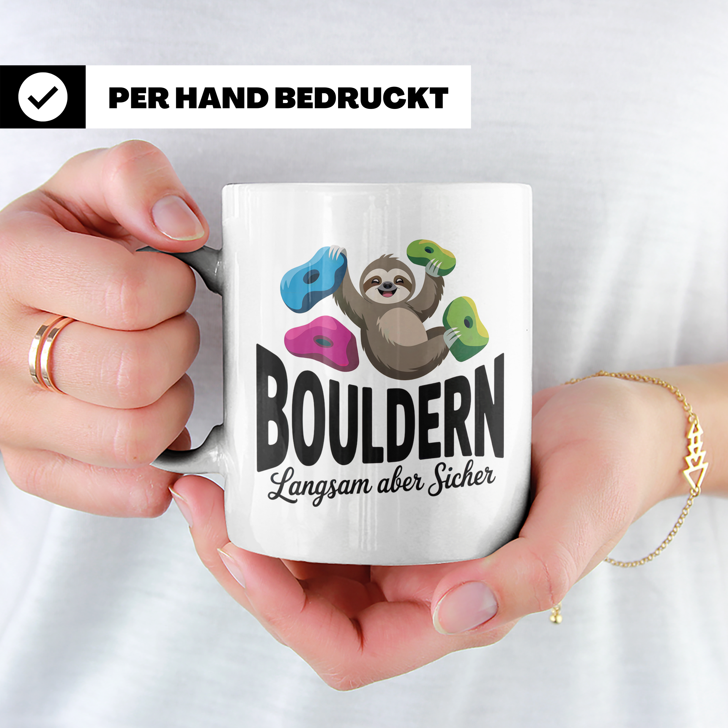Faultier Bouldern Tasse - Langsam aber Sicher Klettern Beche – Weiß [farbe:weiß]