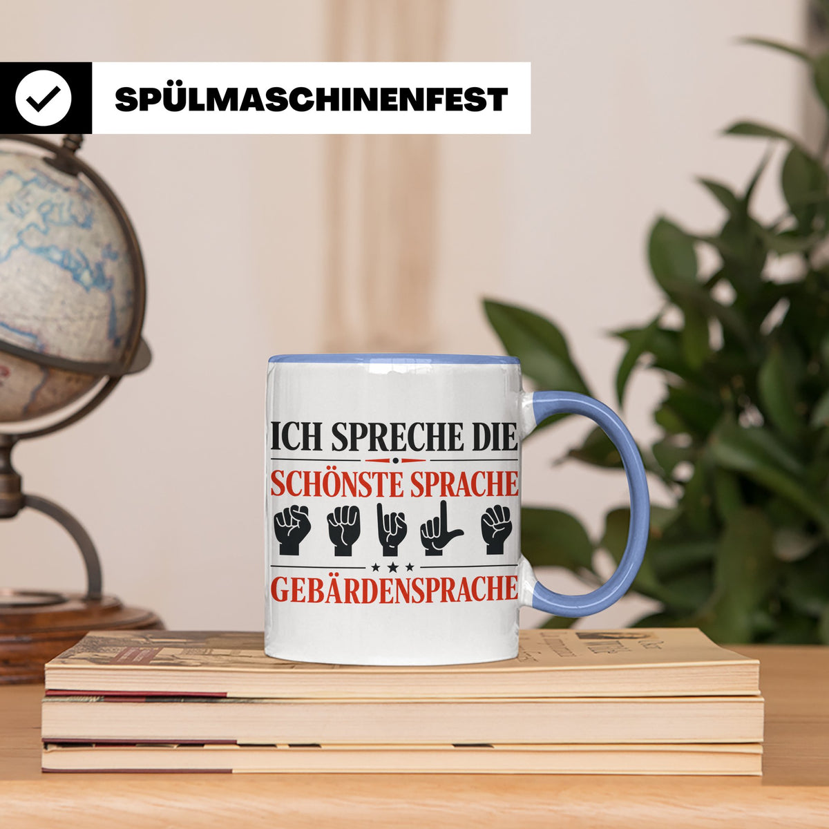 Gebärdensprache Tasse mit Spruch Ich spreche die schönste Sp – Blau [farbe:blau]
