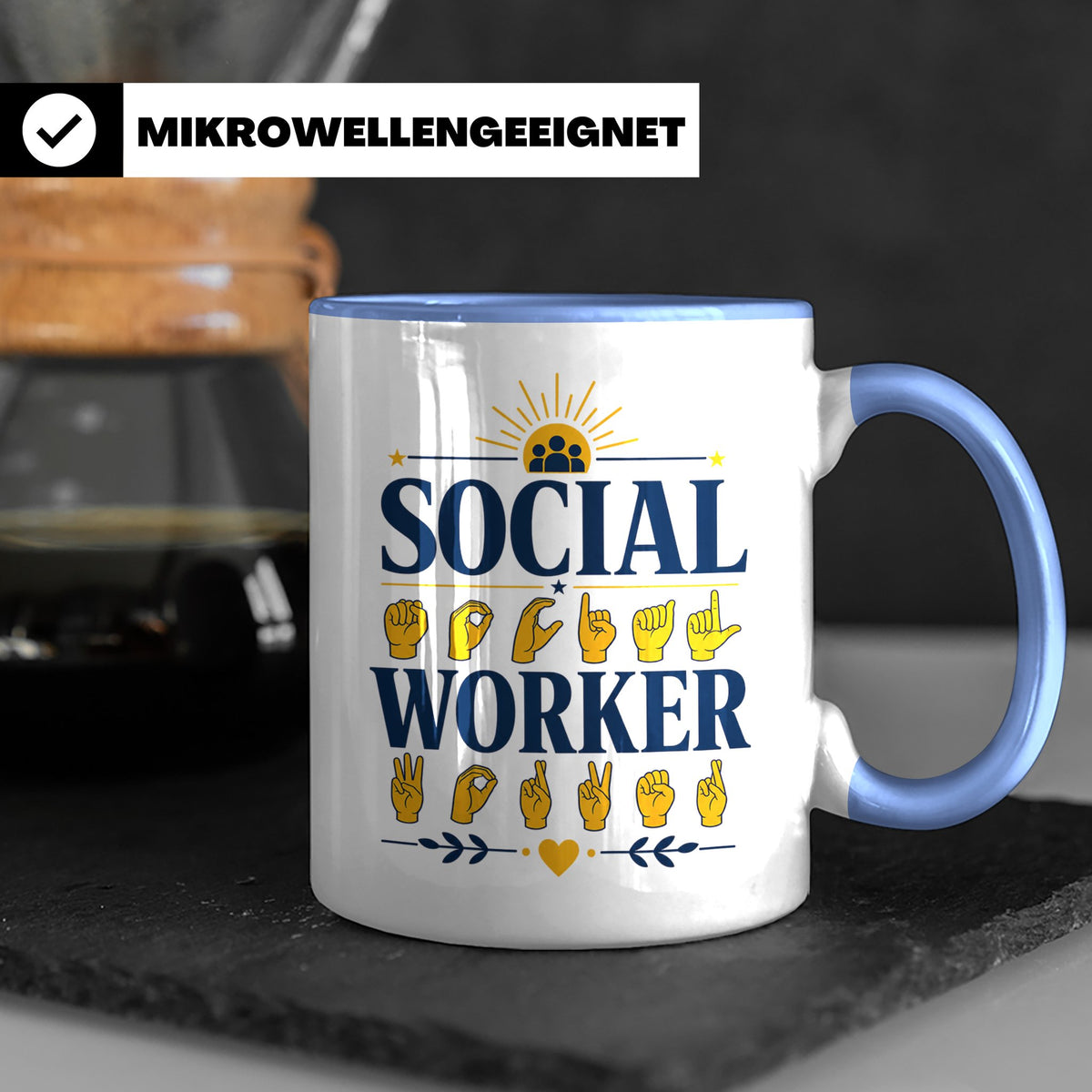 Sozialarbeiter Tasse mit Gebärdensprache Design | Geschenkid – Blau [farbe:blau]