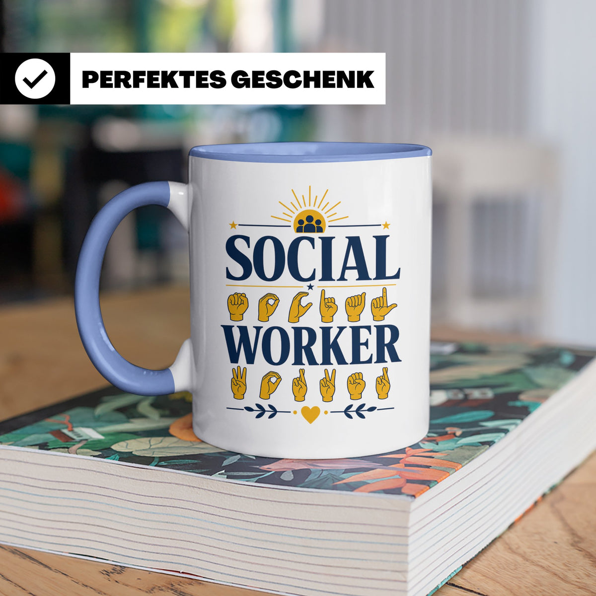 Sozialarbeiter Tasse mit Gebärdensprache Design | Geschenkid – Blau [farbe:blau]