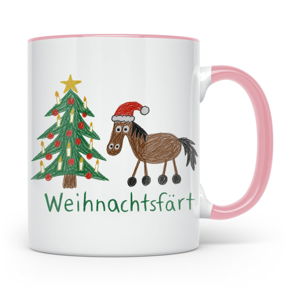 Weihnachtsfärt Tasse lustig Pferd mit Weihnachtsmütze Kaffee – Rosa [farbe:rosa]