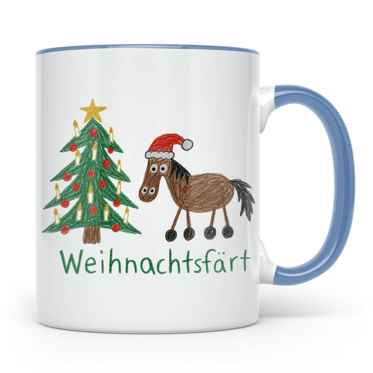 Weihnachtsfärt Tasse lustig Pferd mit Weihnachtsmütze Kaffee – Blau [farbe:blau]