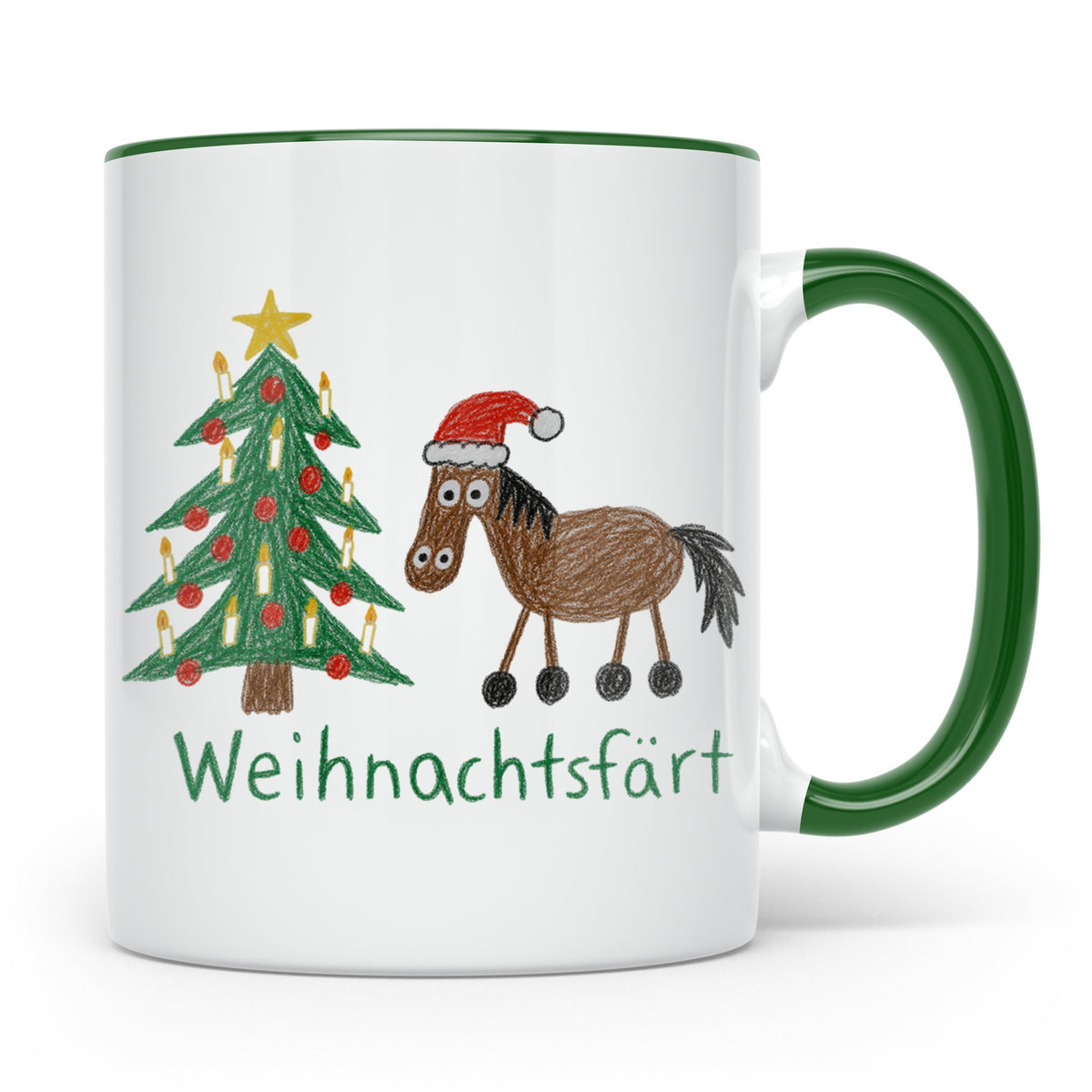 Weihnachtsfärt Tasse lustig Pferd mit Weihnachtsmütze Kaffee – Grün [farbe:grün]