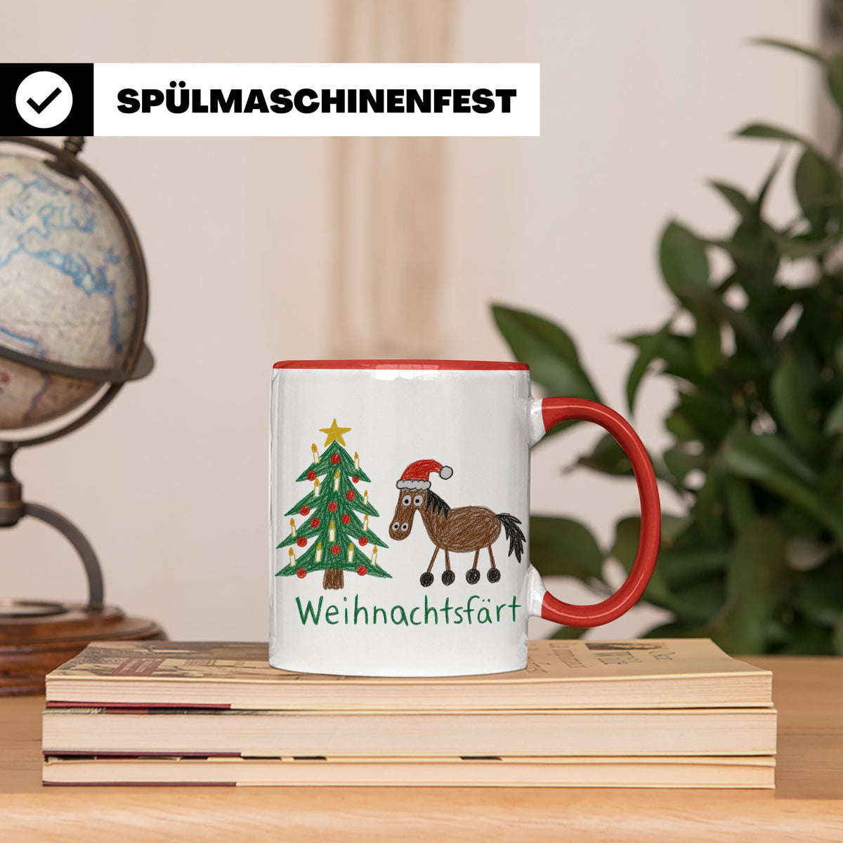 Weihnachtsfärt Tasse lustig Pferd mit Weihnachtsmütze Kaffee – Rot [farbe:rot]