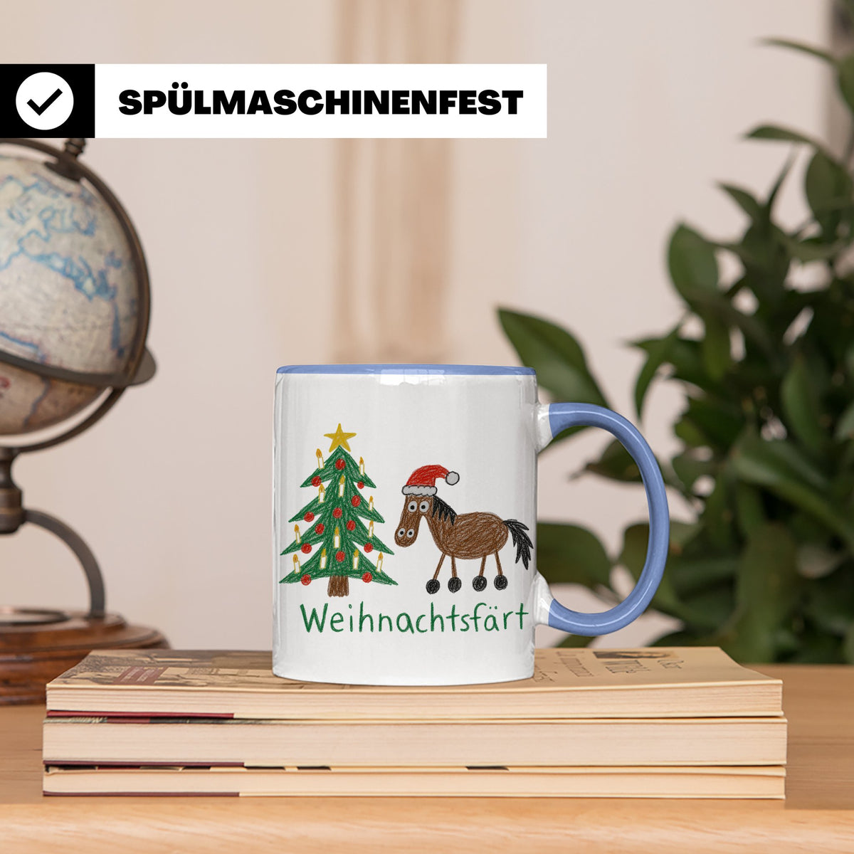Weihnachtsfärt Tasse lustig Pferd mit Weihnachtsmütze Kaffee – Blau [farbe:blau]