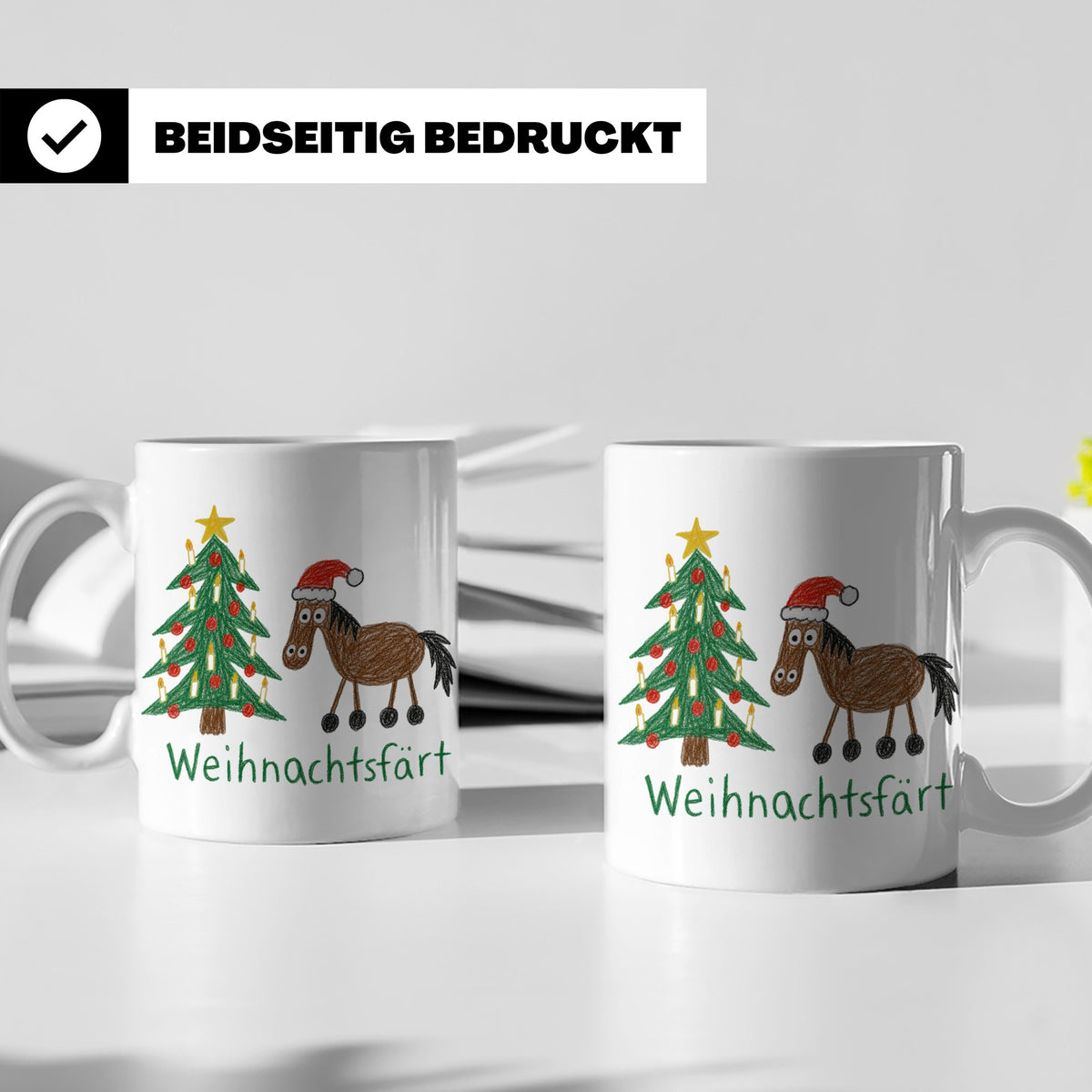 Weihnachtsfärt Tasse lustig Pferd mit Weihnachtsmütze Kaffee – Weiß [farbe:weiß]