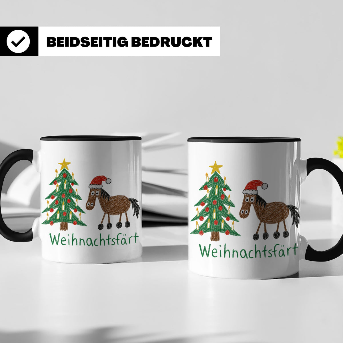 Weihnachtsfärt Tasse lustig Pferd mit Weihnachtsmütze Kaffee – Schwarz [farbe:schwarz]