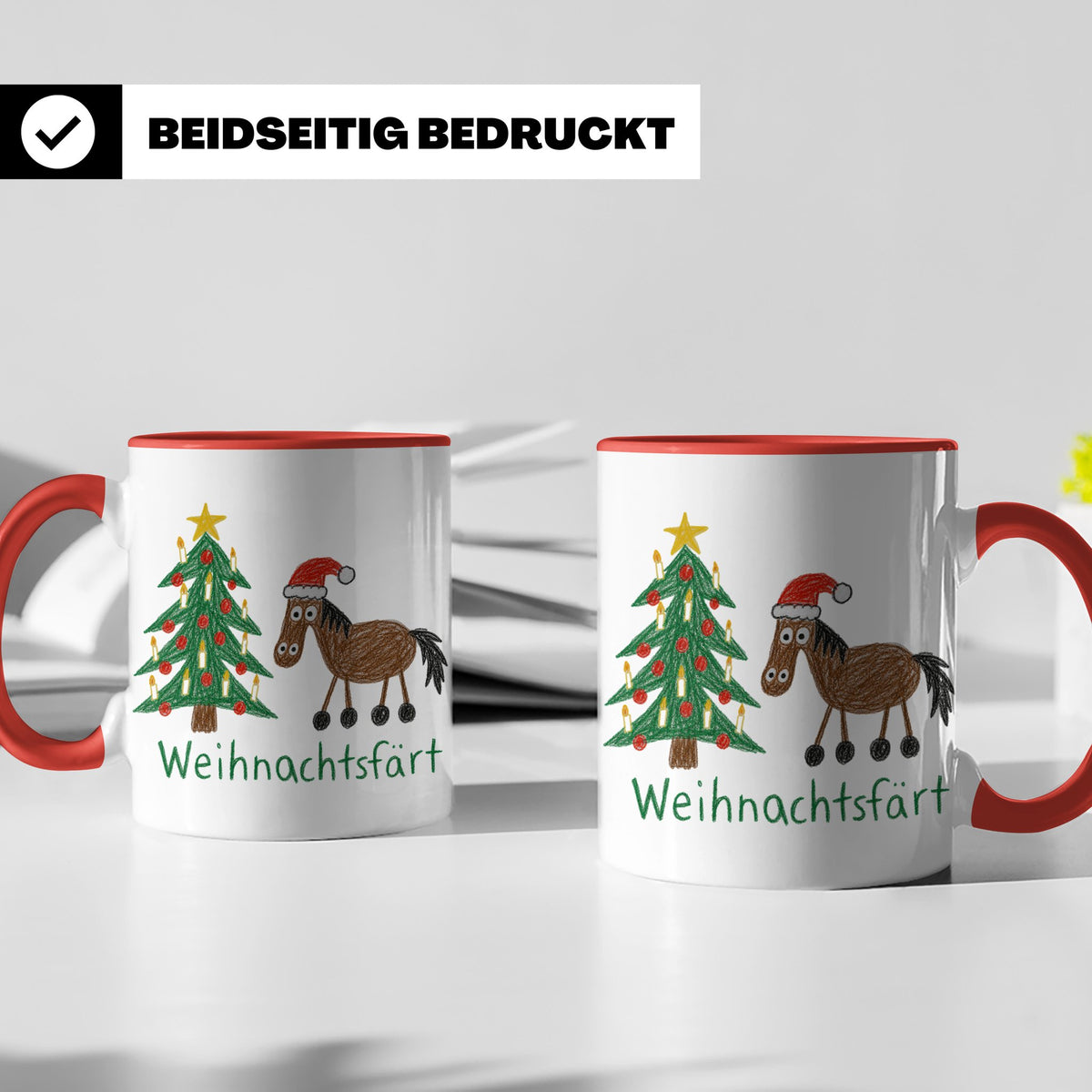 Weihnachtsfärt Tasse lustig Pferd mit Weihnachtsmütze Kaffee – Rot [farbe:rot]