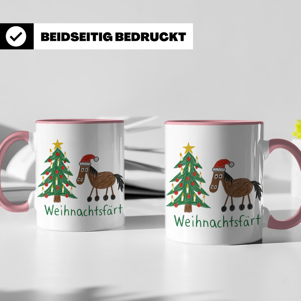 Weihnachtsfärt Tasse lustig Pferd mit Weihnachtsmütze Kaffee – Rosa [farbe:rosa]