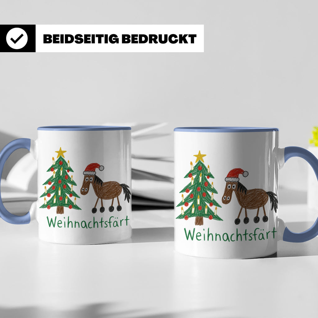Weihnachtsfärt Tasse lustig Pferd mit Weihnachtsmütze Kaffee – Blau [farbe:blau]