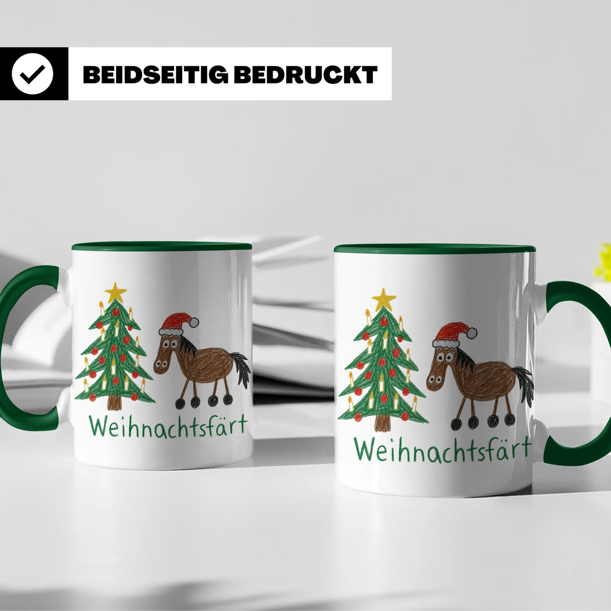 Weihnachtsfärt Tasse lustig Pferd mit Weihnachtsmütze Kaffee – Grün [farbe:grün]